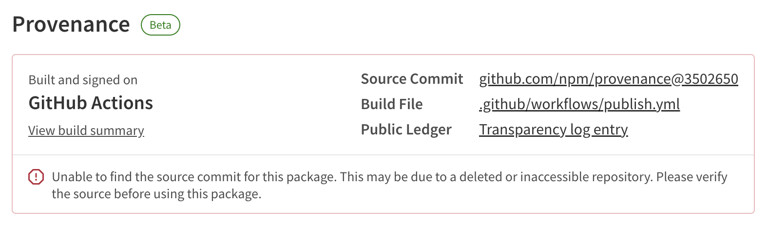 Screenshot showing a warning when the provenance source commit or repository cannot be found.